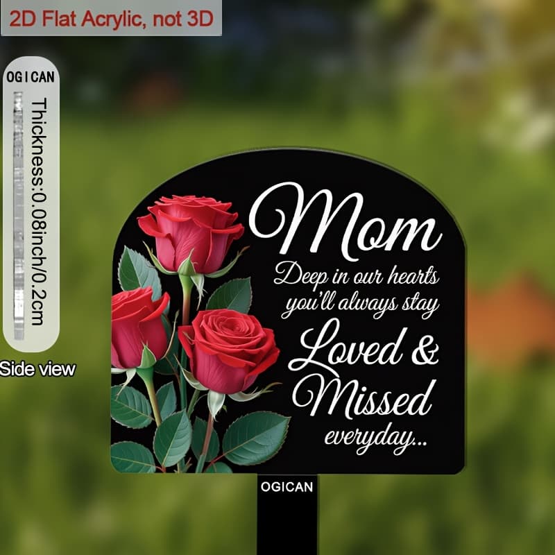 TEMU 2d Flat, [2d Flat] Mom Memorial 2d Flat Acrylic Garden Stake - Red , " Our Hearts" Quote Decor For Outdoor Garden, Yard, Graveside Tribute, 6 Inch/15.2cm, 0.08inch/0.2cm Thickness, 2d Flat