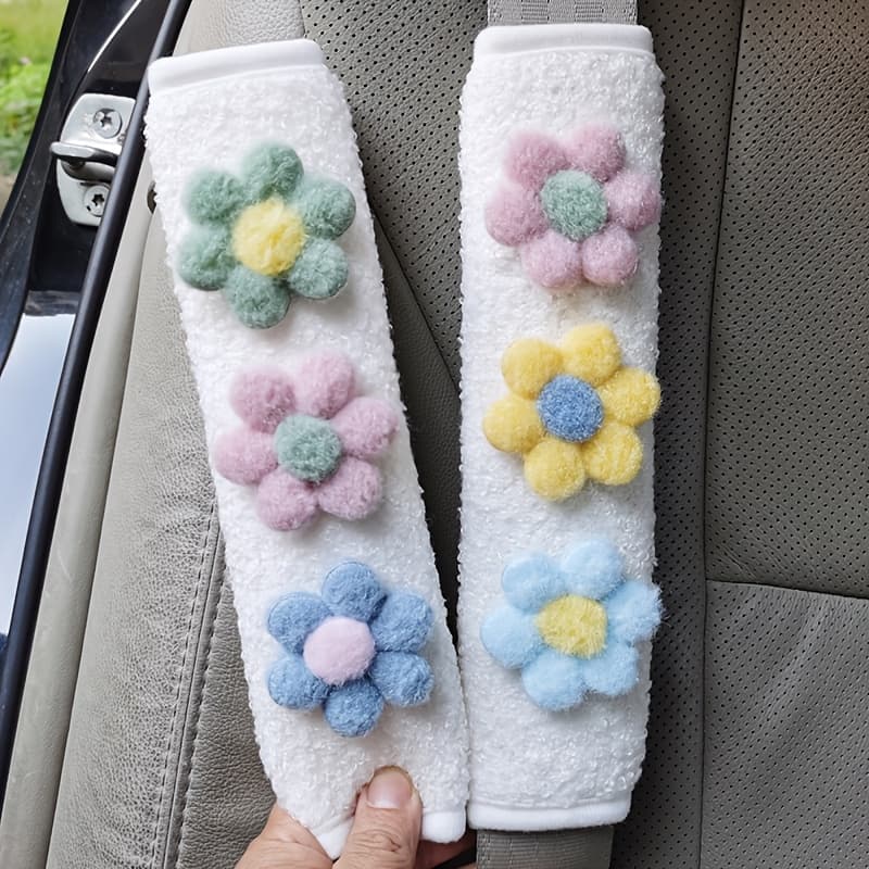 TEMU 2pcs Random Car Seat Belt Shoulder Pad Cute Hyun-ah Flower Car Interior Shoulder Strap Creative Plush Insurance Cover