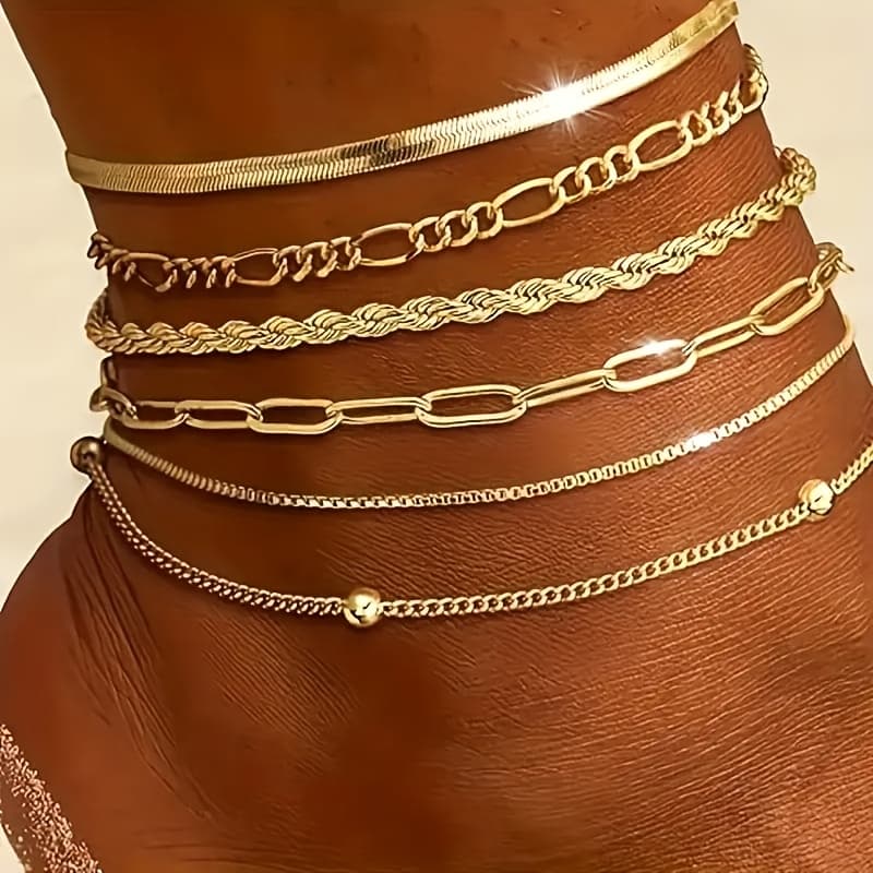 TEMU 6pcs Waterproof Golden Ankle Bracelet For Women 14k Golden Plated Anklet Layered Cuban Chain Herringbone Cute Anklet Set Summer Beach Jewelry Gift For Women Teen Girls