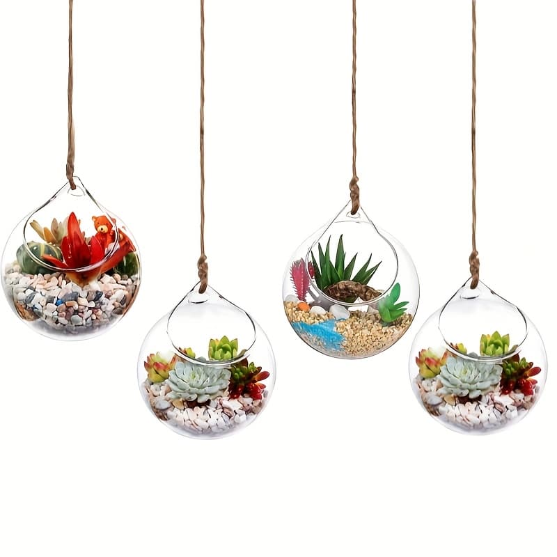 TEMU 4pcs Glass Hanging Planter Set, Designed For Air Ferns, Terrarium Use, And Suitable For Air Plants And Succulents, Perfect For Home Garden Decoration And As A Gift For Plant Lovers