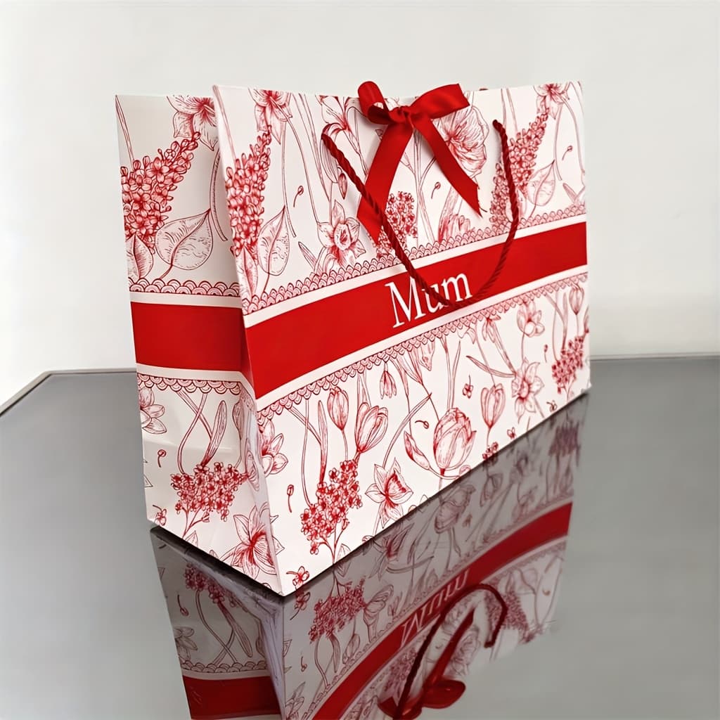 TEMU A Customized Personalized Red And White Floral Gift Bag, Vintage Floral Tote Bag, Holiday Favor Paper Bag, Bridesmaid Bachelorette Party Gift, Custom Gift Bag