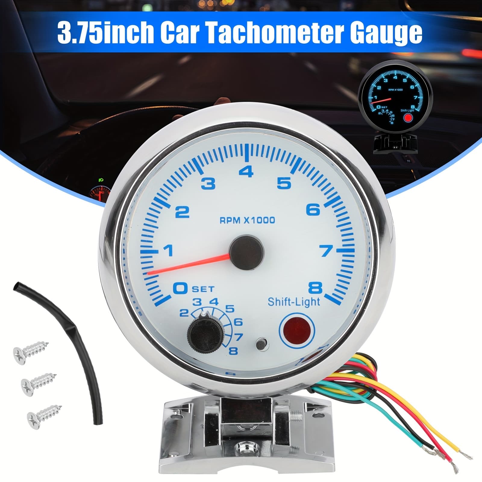 TEMU Car Tachometer Gauge, Blue Led Background Lights 3.75in 0-8000 Rpm, For 4/6/8 Cylinder 12v Gasoline-powered Vehicles, Without Battery