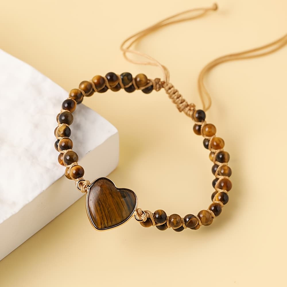 TEMU Bracelet Featuring A Tiger Eye Heart, Perfect For Summer Fashion With Natural Stones, Vintage-, For , Showcasing Unique Charm, And Hand