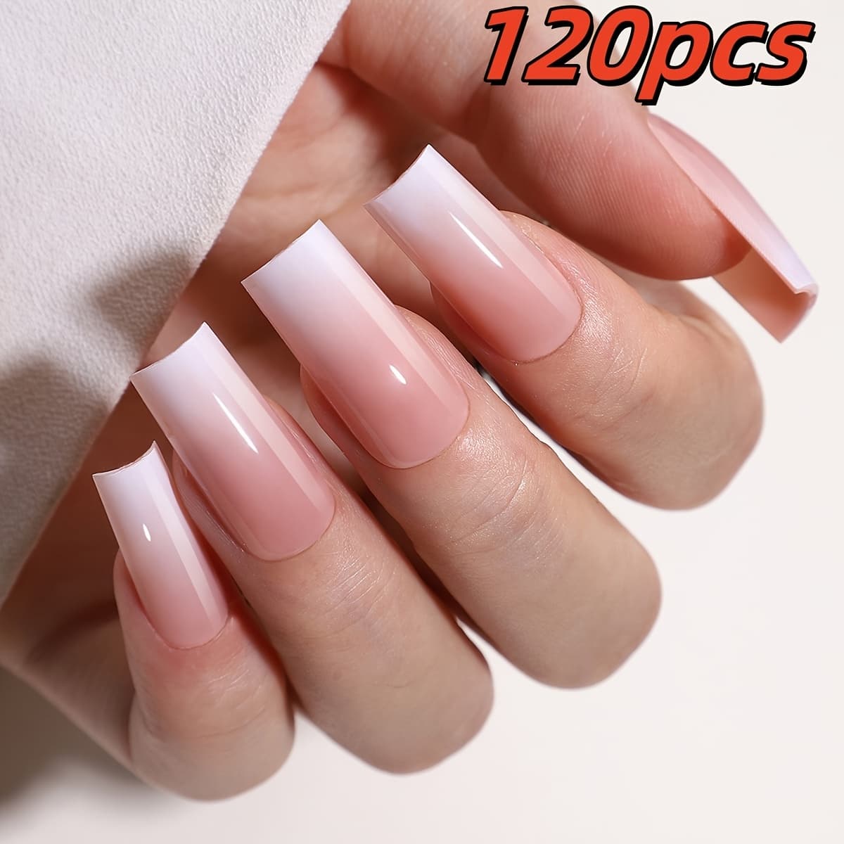 TEMU 120pcs Set Of Medium-length Rectangular Press-on Nails, Gradient Pink And White With Glossy Finish, Includes Jelly Glue And Nail File, S' And Women' Wear