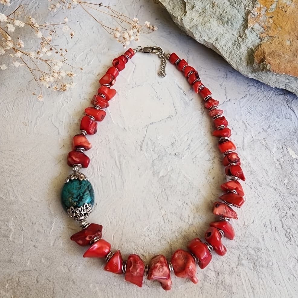 TEMU Boho Chic Red & Stone Necklace - Unique Irregular Design,