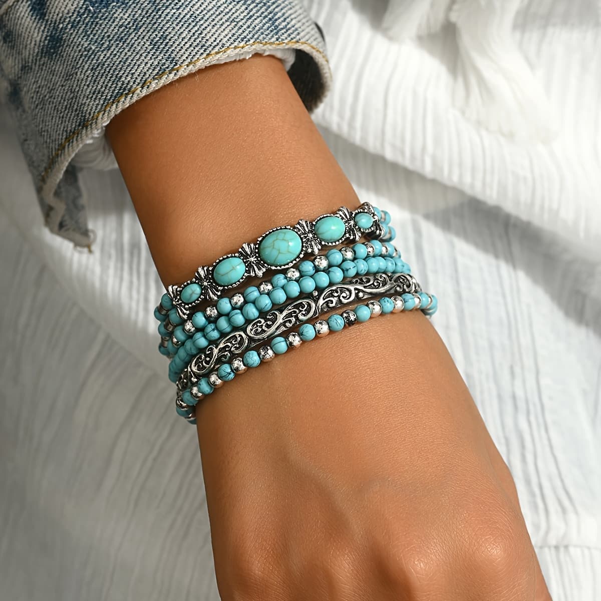 TEMU Elastic Beaded Bohemian Style Bracelet Set, European Fashion Additions Suitable For Gifting And Daily Wear