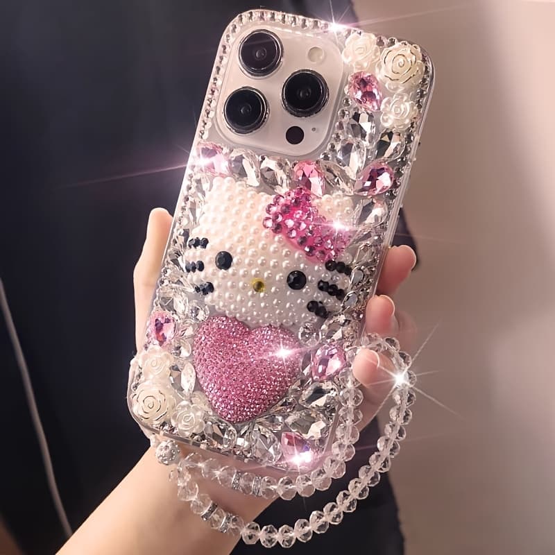 TEMU Phone Case: Adorable Hello Kitty Full-screen Handmade Crystal Heart Phone Case With Wrist Strap, Suitable For Iphone 16 15 14 13 12 11 Pro Max
