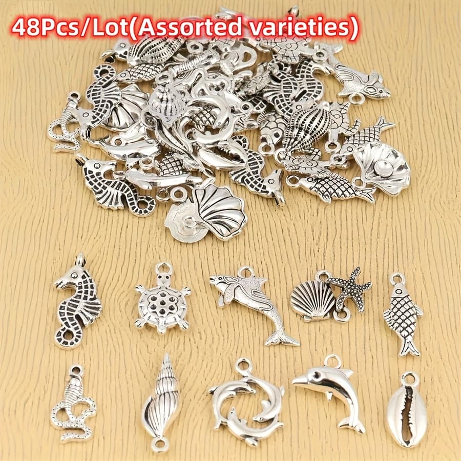 TEMU 18/48pcs/lot Patterns Are Random Silvery Charms For Handmade Bracelets Conch/shells/turtles/fish/seahorse Pendants Earrings And Necklace Jewelry Making