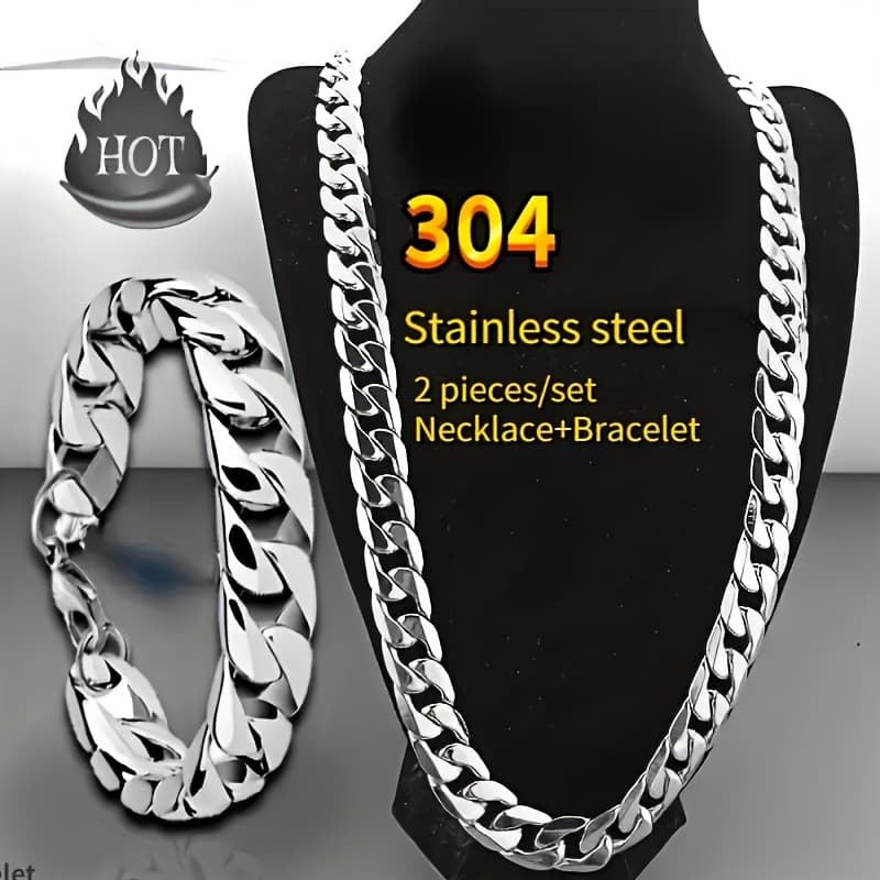 TEMU 2pcs/ Set Stainless Steel Men's Necklace And Bracelet Set, Hip-hop Punk Couple Chain