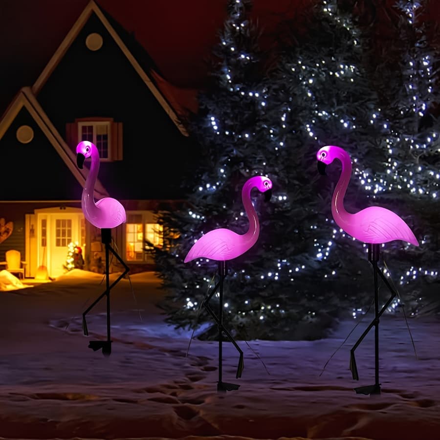TEMU Festive Flamingo Christmas Decor! 3pcs Vibrant Pink Lawn Flamingos - 12" Tropical Yard Ornaments For Outdoor Parties, Holiday & Home Decor