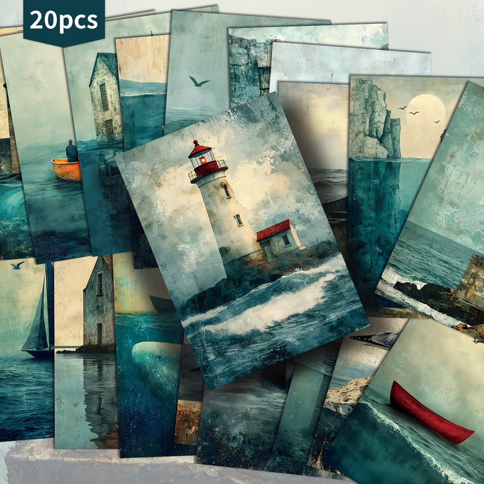 TEMU 20 Pack Vintage Blue Ocean Lighthouse House Paper Postcards - 4x6 Inches Vintage Junk Journal Paper, Classic Pinup Illustrations, Collectible Decorative Painting Cards For Scrapbooking & Crafting