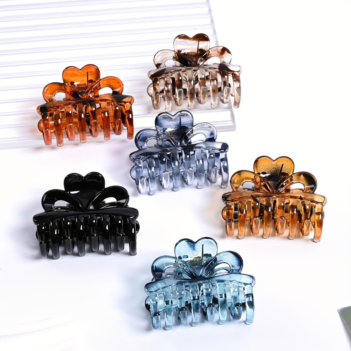 TEMU 6pcs Double-layer Toothed Heart Bow Claw Hair Clips, Jelly Color Leopard Print Semi-transparent Women's Hair Accessories, Non-slip Fashionable High-end Half-up Half-down Shark Clip Hair Claw