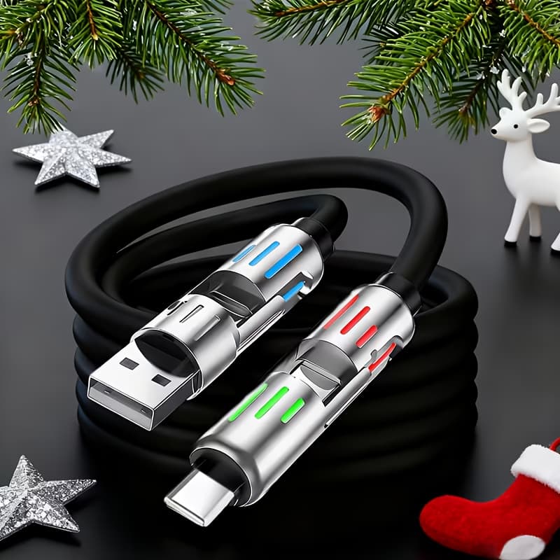 TEMU 4in 1 Usb-c Data Cable - Data Sync, With Usb A, Type-c, Rgb Smart Breathing Light, Aluminum Alloy Design, Multi-device Compatible Silicone Data Cable