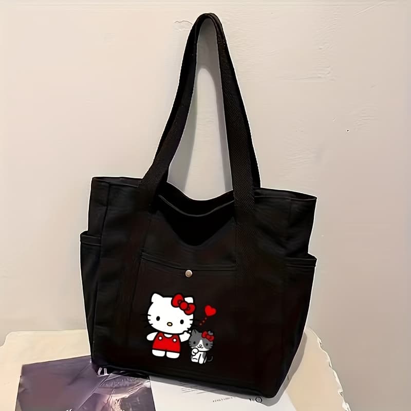 TEMU 1pc Hello Kitty Cartoon Tote Bag For Women, Large Capacity Multi - Pocket College Style Commuter Shoulder Bag, Optional Beige/black, Optional Zipper/snap Button Closure A-djb01