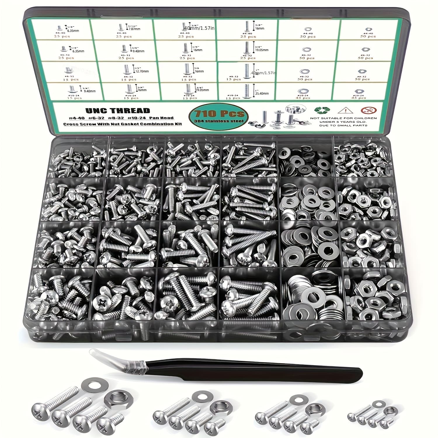 TEMU 710pcs Set Of Nuts And Bolts, Ranging From Size #4 To #10, Featuring Phillips Pan Heads And Flat Washers, All Packaged In A Sturdy Storage Case