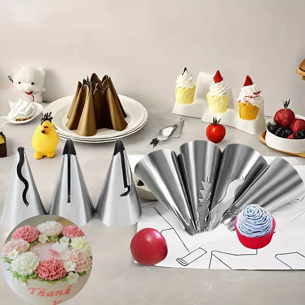 TEMU 7pcs Stainless Steel Pleated Skirt Pastry Nozzles - Cake Decorating Toolkit For - Premium Baking Supplies Ideal For Beautiful Cupcakes, Baking Tools Birthday, Party, Cake Making Tools