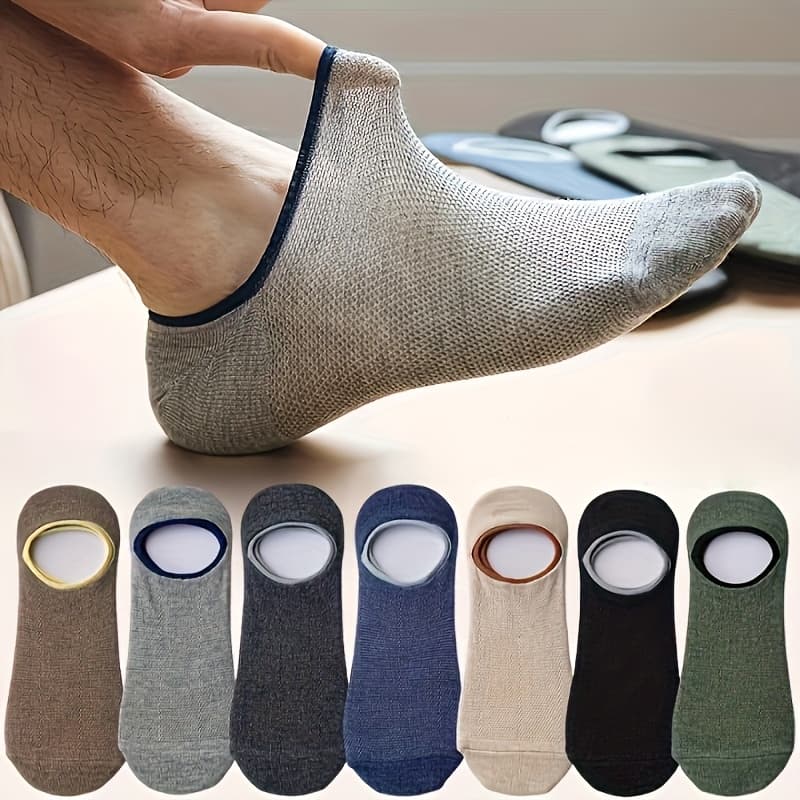 TEMU 7 Pairs Of Men's Socks, Thin Mesh, Breathable, Shallow Mouth, Invisible, Sweat Absorbing, Solid Color, Boat Socks, Non Slip, Non Falling, Heel Socks, Not Stuffy Feet