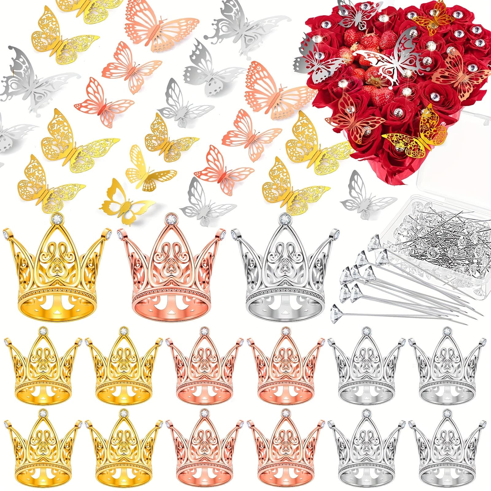 TEMU 151pcs Flower Bouquet Additions 15 Crown Cake Topper 36 3d Decoration 100 Corsage Bouquet Pins Mini Tiara Birthday For Wedding(golden, Rose Golden, Silver) Cake Decoration