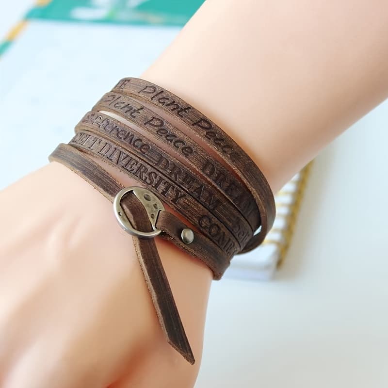 TEMU A Vintage-style Western Leather Unisex Five-coil Wrapped Letter-embossed Bracelet, Versatile As A Bracelet, Choker, Or Belt Chain, Suitable For Daily Wear, For Teenager
