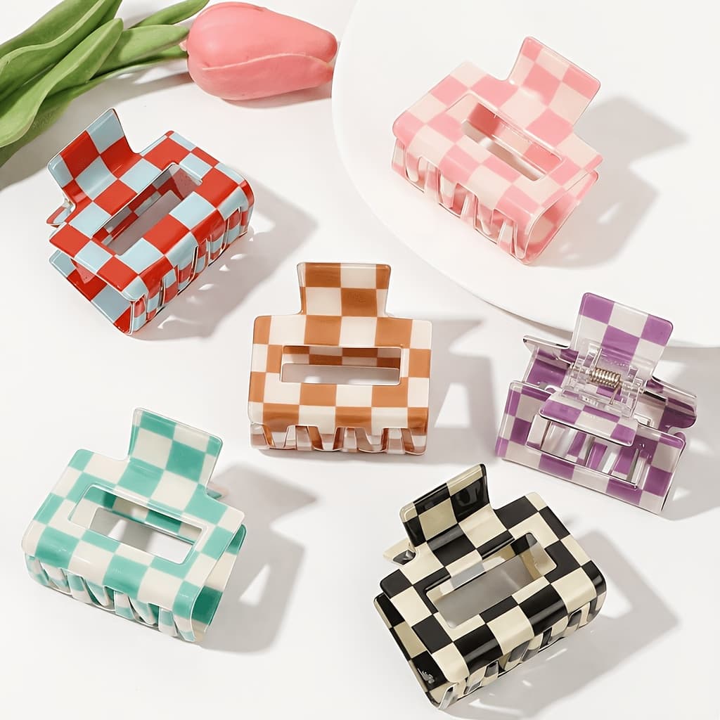 TEMU 6pcs Set Of Elegant, Vintage-style Rectangular Hair Clips With A Pastel Checkered Pvc Design And , Perfect For Updos, Ponytails, And Everyday Styling