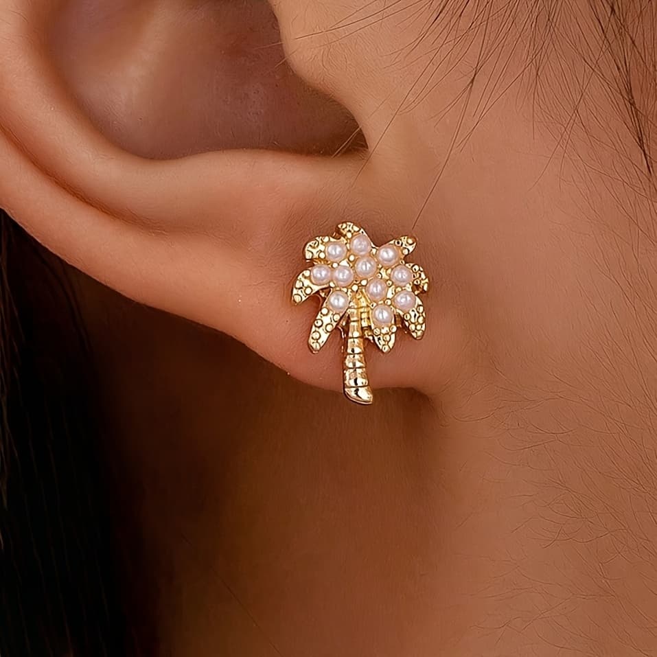 TEMU 1 Pair Tropical Coconut Tree Stud Earrings Women's Jewelry Suitable For Holiday Gifting And Daily Wear