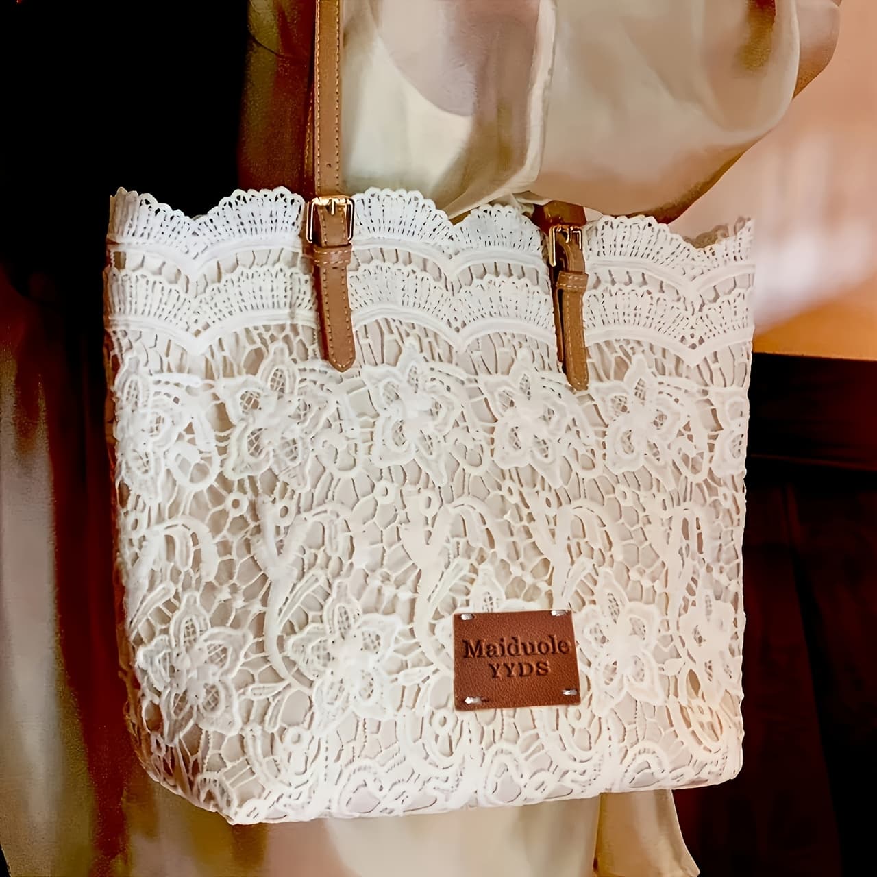 TEMU 1 Elegant White Lace Tote With Adjustable Shoulder Strap, Foldable Design, Polyester Lining And Decorative Floral - Perfect For Daily Commutes Or Special Occasions, Small Travel Bag