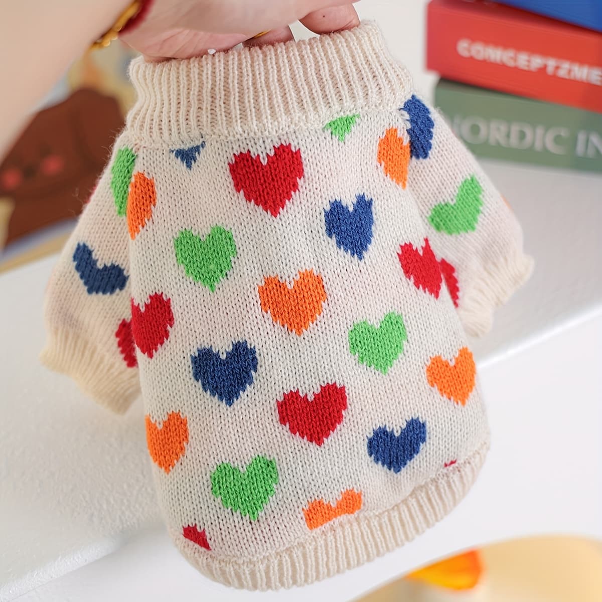 TEMU 1pc Universal Pet Sweater For Cats And Dogs, Cute Colorful Heart Knitted Pullover For Bichon Frise, Pomeranian, And Small Breeds, Warm Winter Apparel