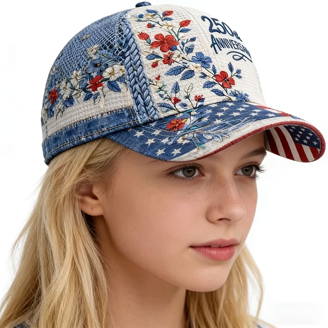 TEMU 250th Anniversary 3d Floral Print Baseball , A Stylish And Versatile Hat For Women, Suitable For Presidents' Day, Everyday Wear, And Fashion-