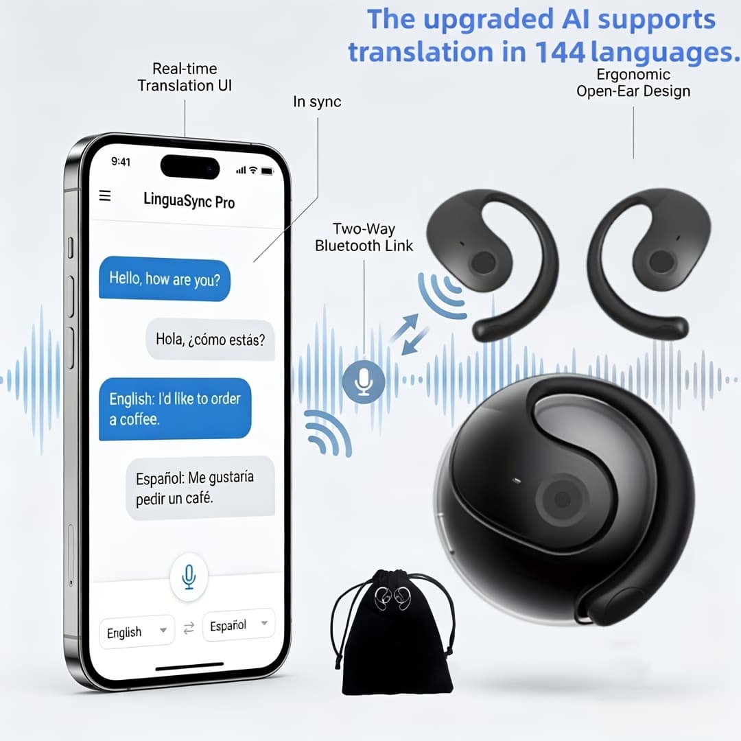TEMU Real-time Translation Earbuds, For 144 Languages, Rechargeable Via Usb Or Battery, Ideal For Travel, Business, Shopping, Learning, Carrying Pouch Included