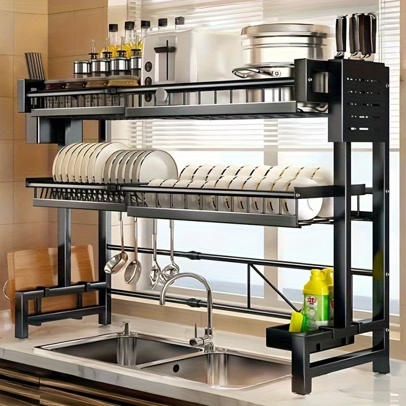 TEMU Multifunctional Retractable Kitchen Sink Drain Rack Washing And Rag Dish Rack Chopstick Knife Double Storage Rack
