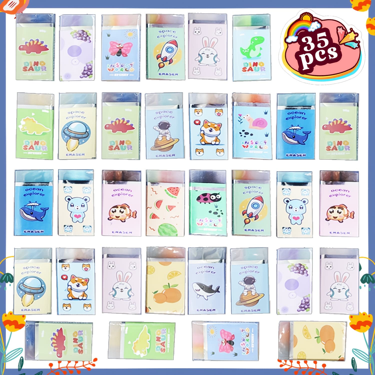 TEMU 35pcs Cute Animal Pencil Eraser, Jelly Dinosaur Fruit Space, Ocean Eraser, Desk Pet Classroom Prize Gift Party Gift Bulk (random Style)