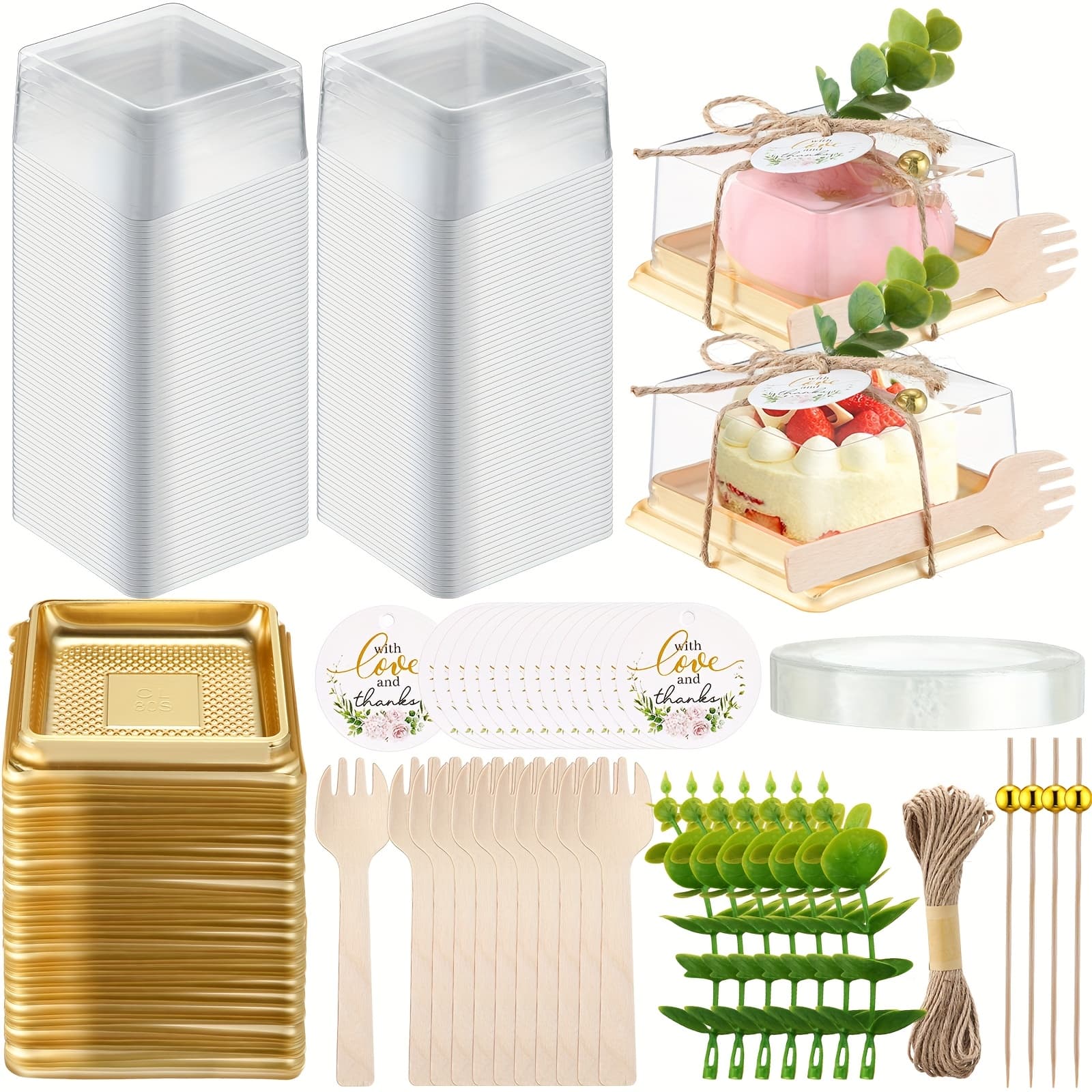 TEMU Clear Cake Containers With Lids Wedding Cake Pans Cupcake Container Muffins Box Cocktail Picks Appetizer Thanks Tags Eucalyptus Leaves For Wedding Birthday Dessert Display(50 Sets)