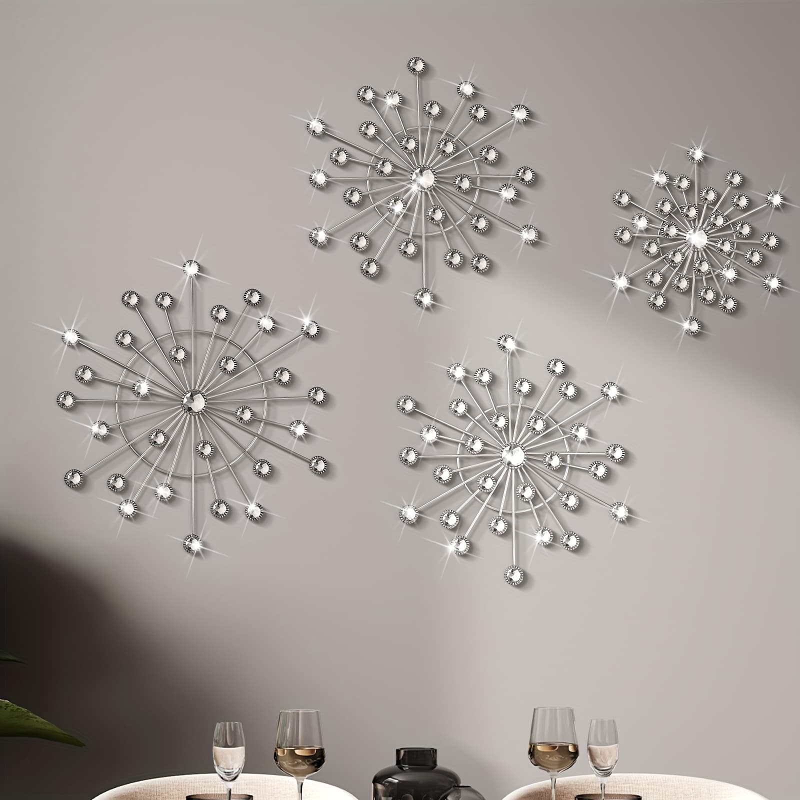 TEMU 4pcs Metal Wall Decor Bling Art Cast Iron Rhinestones Decor Starburst Art Hanging Diamond Accents Home Decorative For Living Room Bedroom Entryway