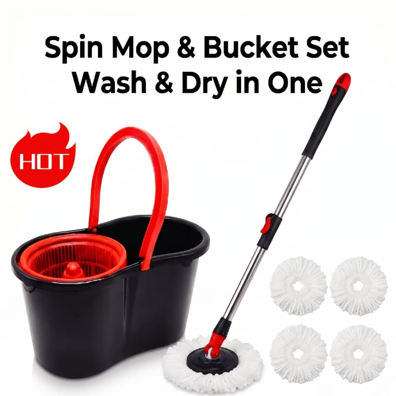 TEMU Spin Mop With Wringer, Compact Mop And Bucket Set With 4 Microfiber Replacement Heads And 42" Adjustable Handle