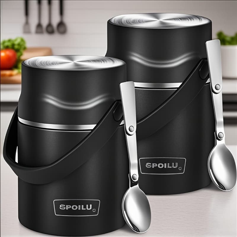 TEMU 2pcs 21 Oz Thermo Food Jar Insulated Container, Insulated Food Container For Adult, With 316 304 Stainless Steel Vacuum Insulated Food Jar Spoon, Leak Proof, Portable Hot Soup Container, Black