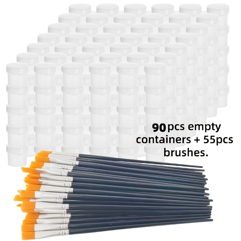 TEMU 90 Empty Paint Jars + 55 Brush Kits | 0.1oz Jars And 6.61inch Brushes, Plastic, Ideal For Artistic Projects And Crafts, Perfect For Holiday Gifts
