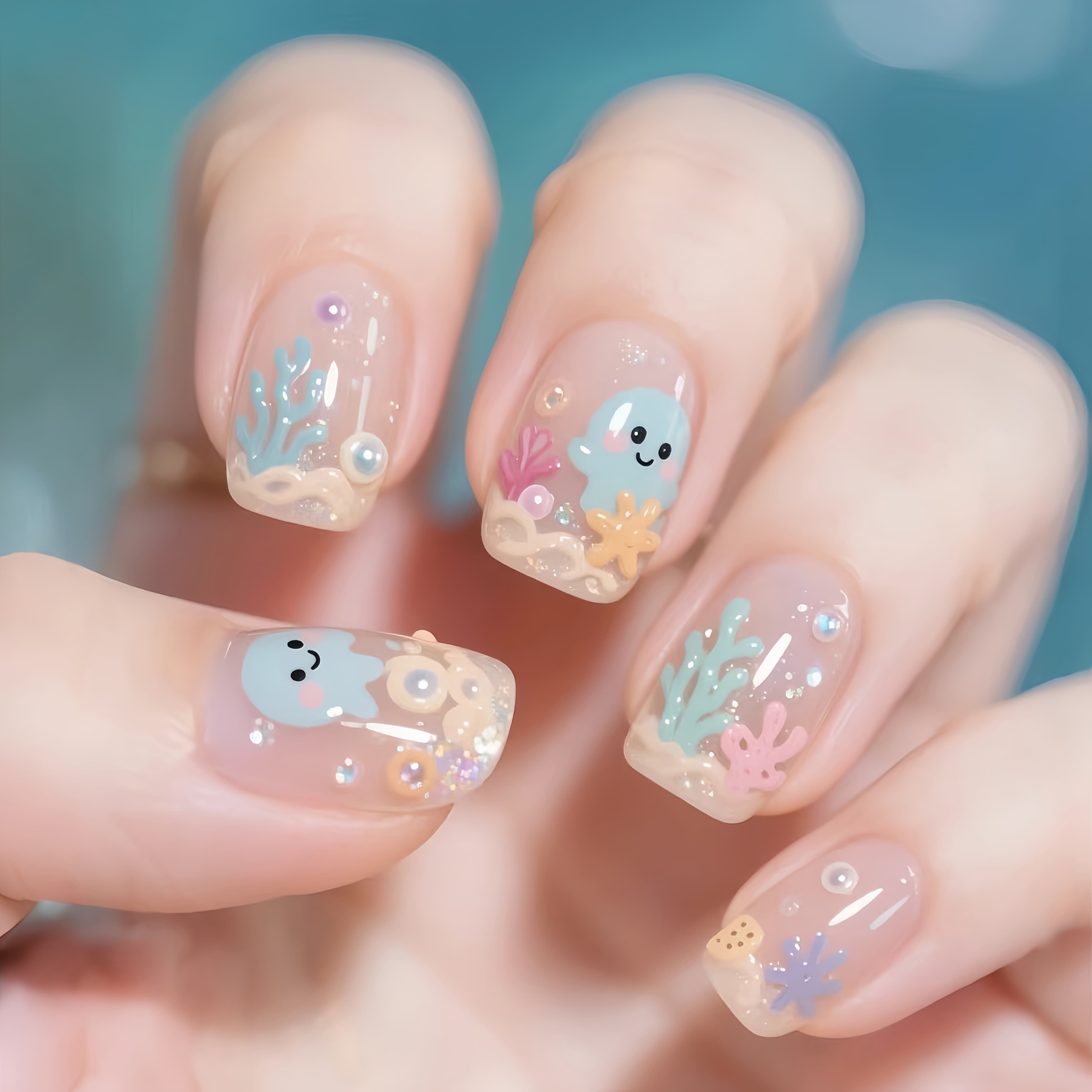 TEMU 24pcs European Square Nail Set, Jellyfish & Seaweed Cartoon Design With 3d Embossed Rhinestones, Detachable Fake Nails For Women