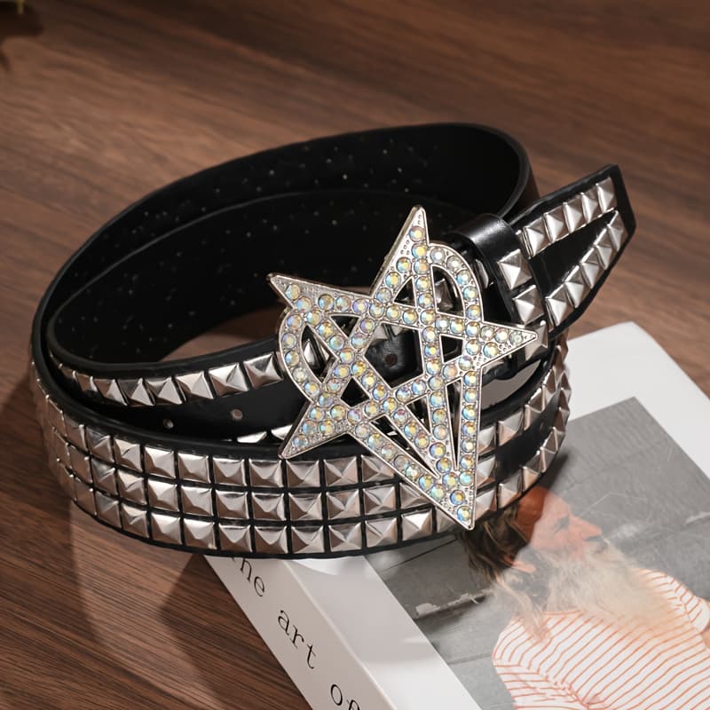 TEMU Must-have Studded Belt For , -inlaid Star , Leather Belt, Casual Versatile Fashionable Pu Belt