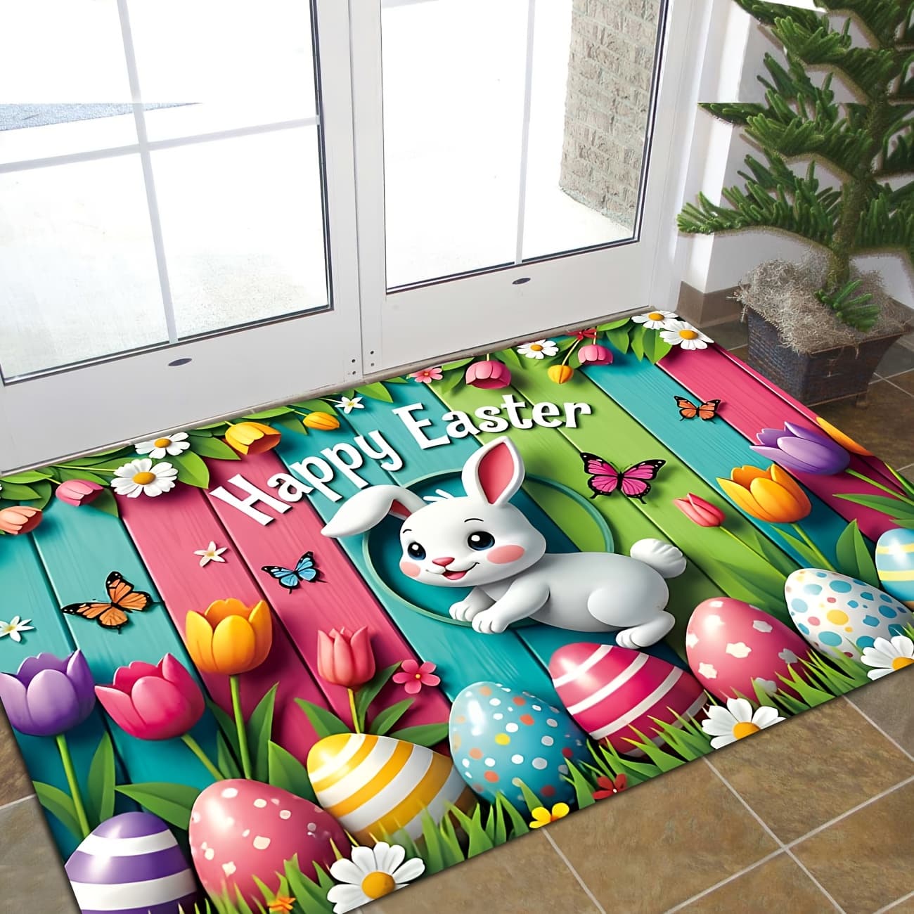 TEMU 1pc Easter Bunny & Spring Egg Hunt Rug - Non-slip Machine Washable Soft Adhesive Suitable For / Entryway, Room - Spring Flowers & Bunnies Print, Easter Gift ()