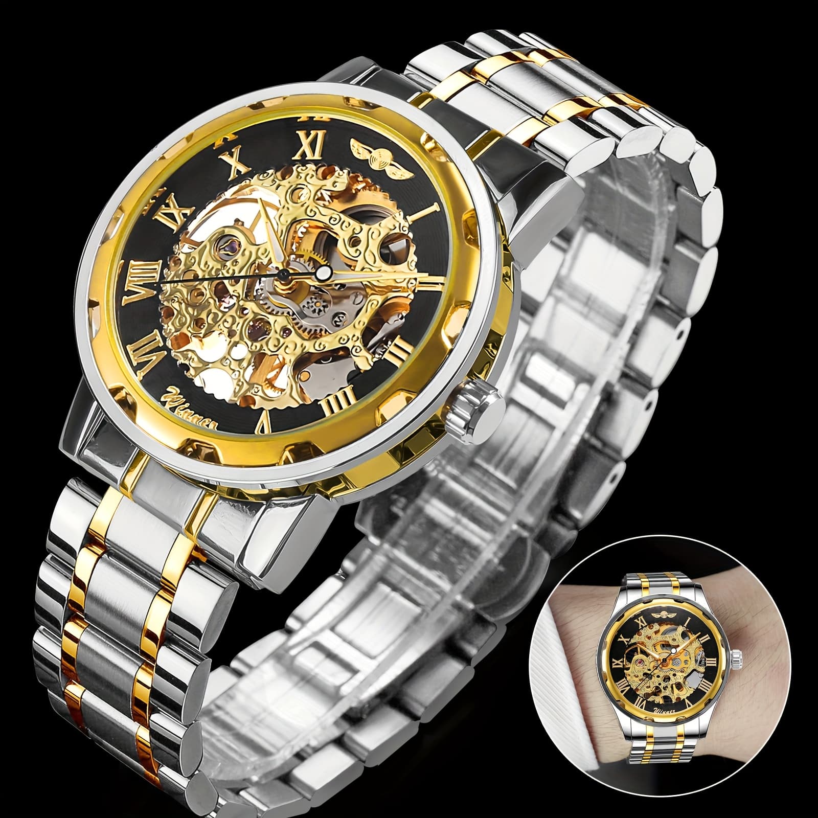 TEMU Winner Mechanical Watch With Golden Strap And Black Dial, Fashion , Time Display, Valentine's Day & Easter Gift For Men