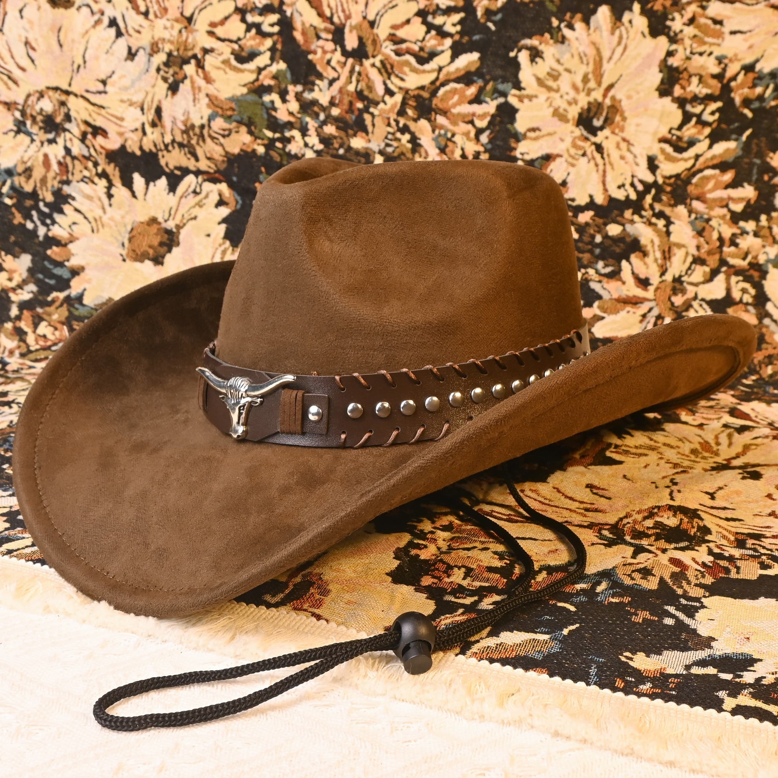 TEMU [hard Hat ] Solid Color Upturned Brim Western Cowboy Hat Bull Skull Accessory Premium Western Style Formal Hat Niche Jazz Hat With Windproof Rope Elegant Stage Hat Knight Hat Gift For Best Friend