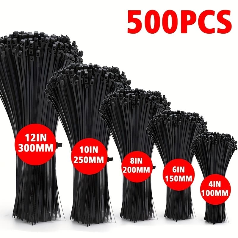 TEMU 500pcs Self-locking Black Zipper Straps - Sizes 300/250/200/150/100mm - Perfect For Home, Office, Garden, And Workshop Cable Management, Suitable For Indoor And Outdoor Use