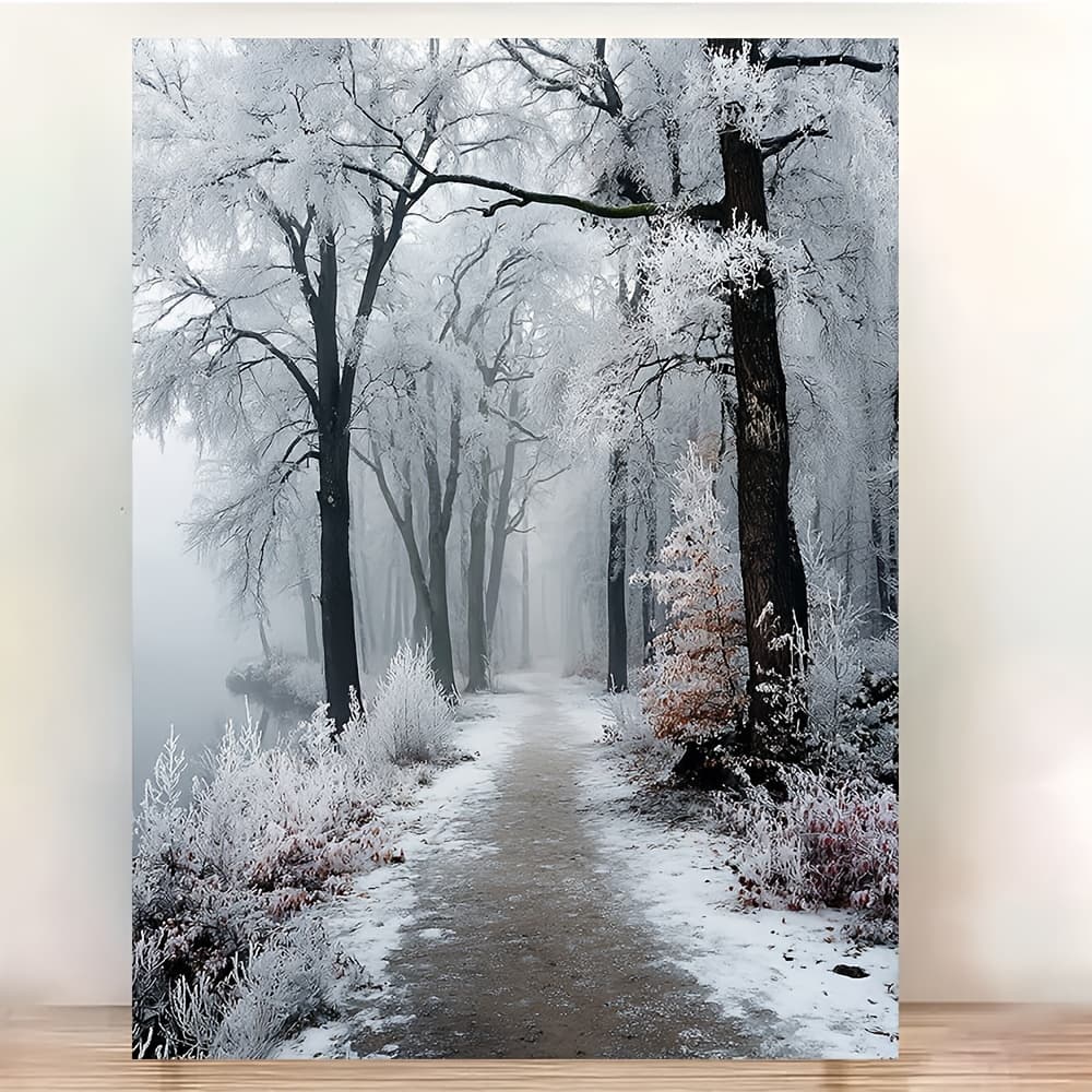 TEMU 2d Flat, 2d Flat 12x16 Inch Path Canvas Art - Quiet Winter Scene With Frosted Trees, Decor For Cozy Spaces, Wall Art, Winter Decoration, Perfect Room Decor, Unframed Canvas Painting