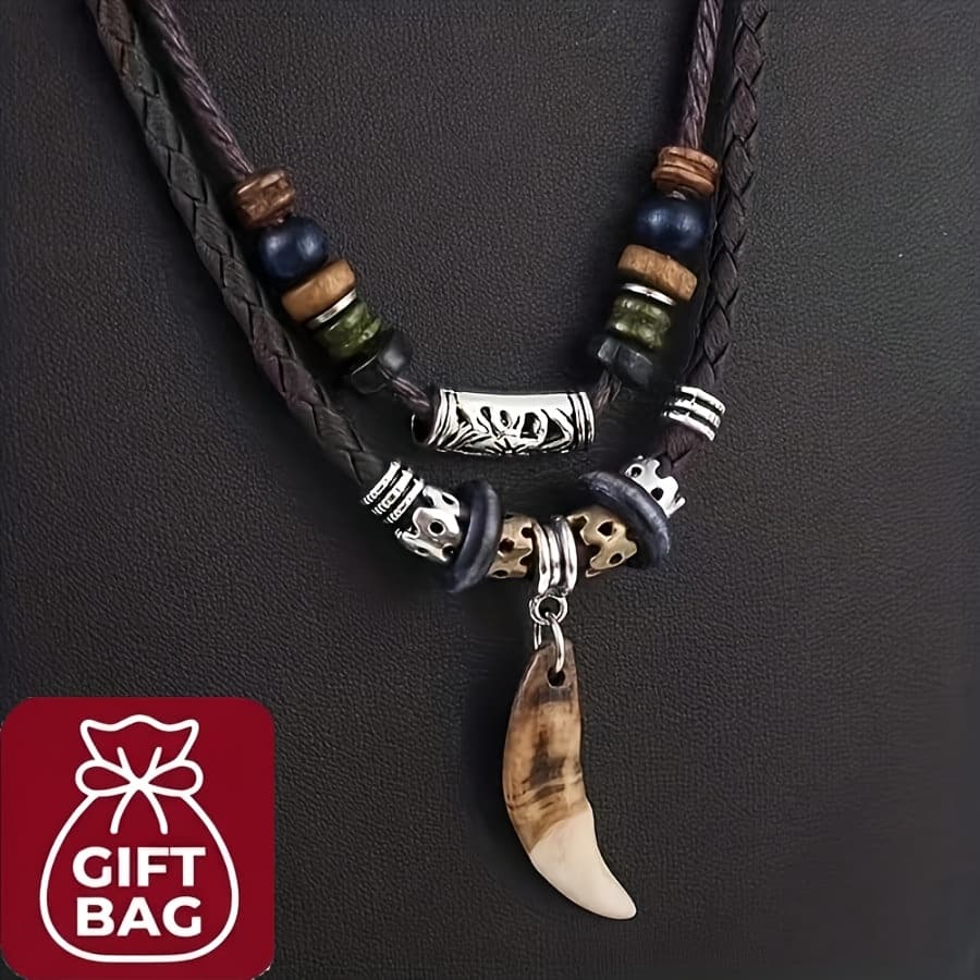 TEMU 1 Unique Men's Wolf Tooth Pendant Necklace - Bohemian Style, Suitable For Wearing And Matching During Holidays(with Gift Bag)