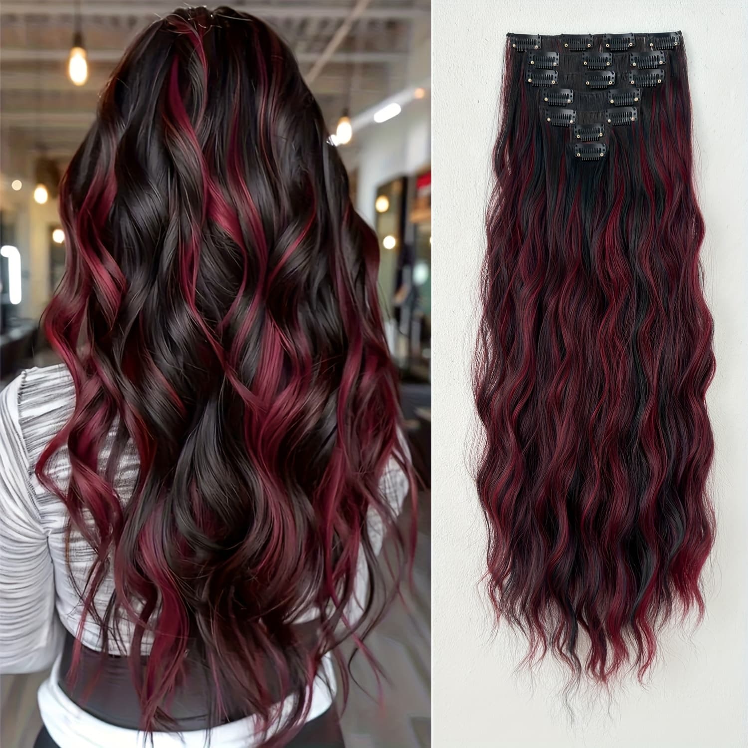 TEMU 7pcs Clip-in Hair Extensions, 24 Inch Long Curly Wave Synthetic Hairpiece, For Women - Party Ready, Heat Resistant Fiber, Easy To Apply, No Tools Required