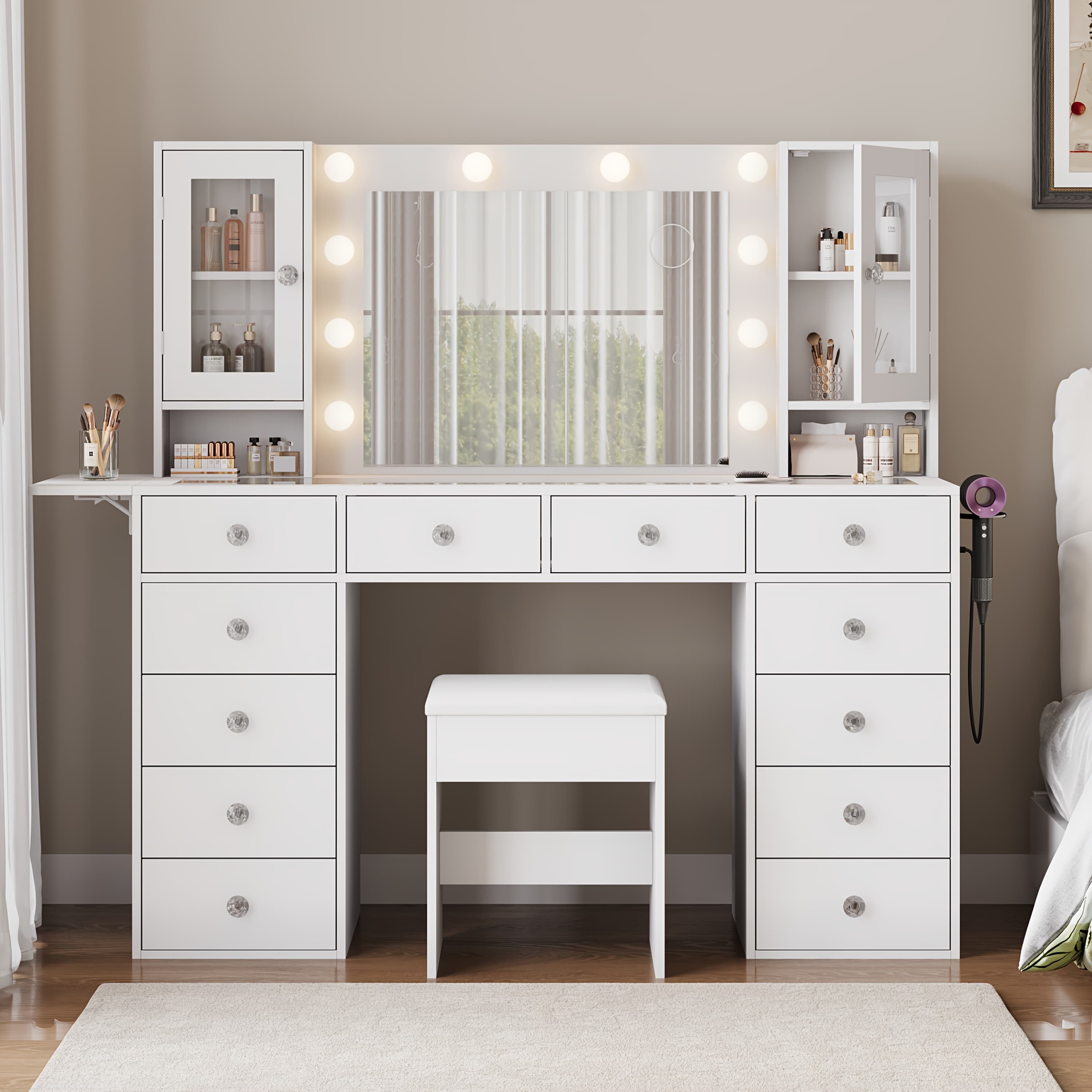 TEMU Dressing Table With Mirror Featuring 10 Led Lights, 12 Storage Drawers, Folding Panel, Glass Worktop And Matching Chair, Suitable For Bedrooms, Dressing Rooms And Similar Spaces.