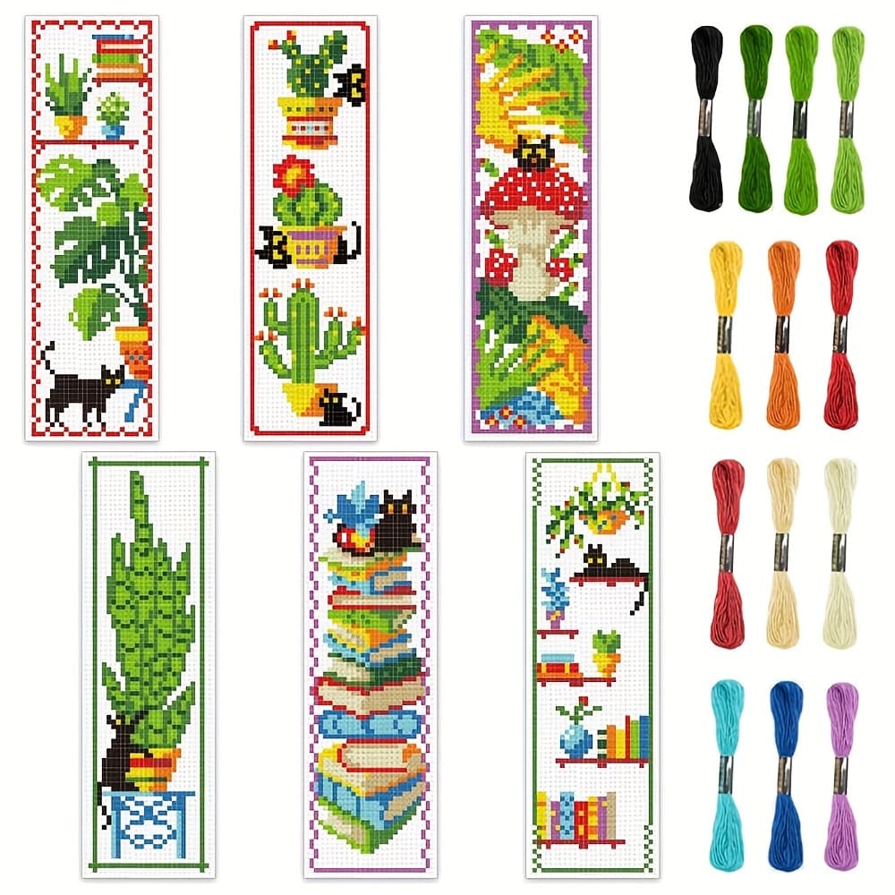TEMU 6pcs Beginner-friendly Cross- Bookmark Kit - Printed Embroidery Bookmarks With Book, Plant, And Cat Designs - Cross- Set For Sewing Enthusiasts, Thoughtful Birthday Gift