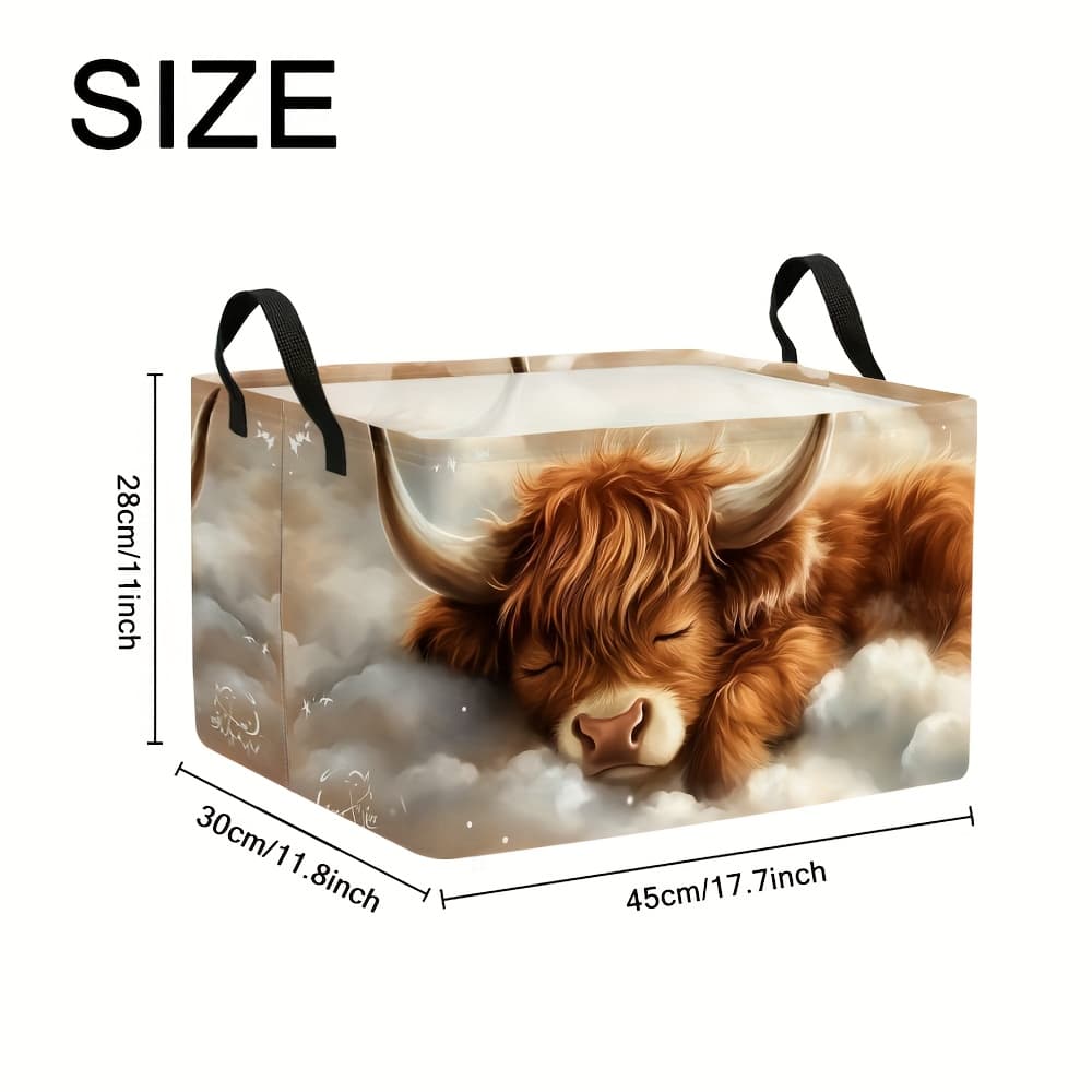 TEMU 1 Adorable 2d Flat Foldable Storage Basket Featuring A Sleeping Highland Cow – Oversized With A Design, Ideal For Organizing Laundry And Clothing, With Durable Handles, Shelf Baskets