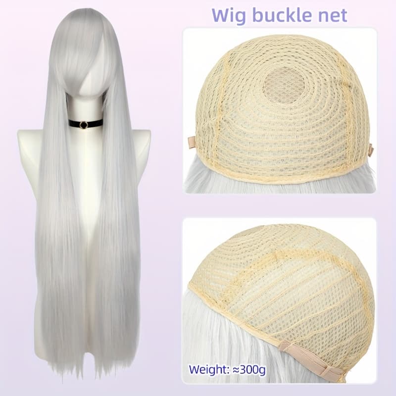 TEMU 40" Long Straight White Anime Cosplay Wig - Heat Resistant Synthetic Hair With Wig Buckle Net , Perfect For Halloween & Role Play,, Wig Accessories