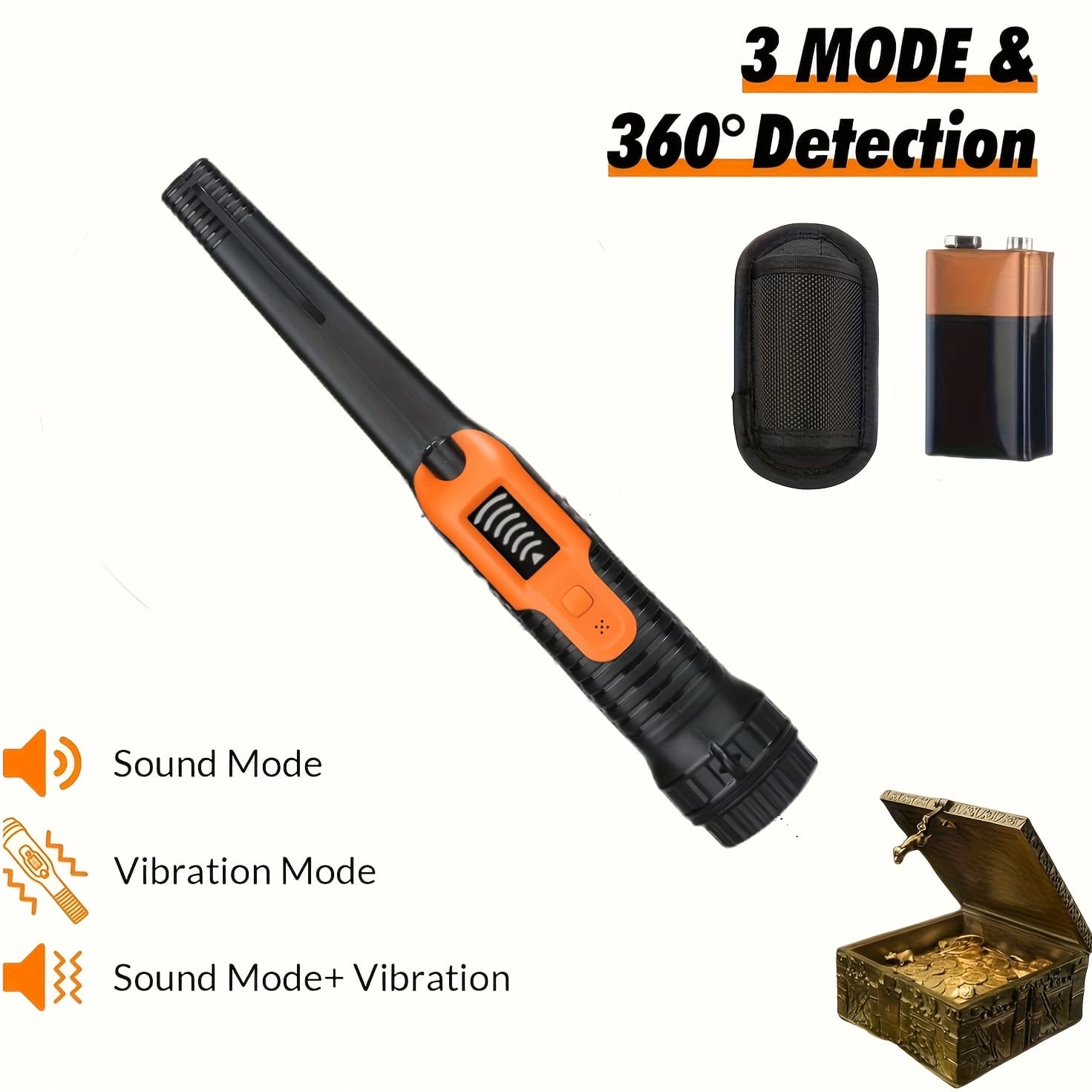 TEMU Metal Detector Pinpointer, Professional Handheld Pin Pointer Wand, 3 Search Treasure Pinpointing Finder Probe With Lcd Display For Adult, Kids, 9v Battery Included - Orange